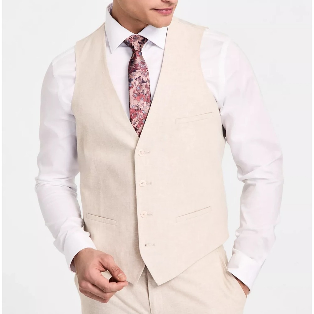 Bar III Mens Slim‎ fit Button-Up Suit Vest Light Beige Solid Linen Blend Size L